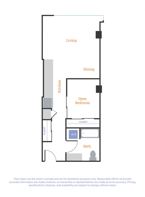 Floor plan for 1 bed, 1 bath, 665 sqft